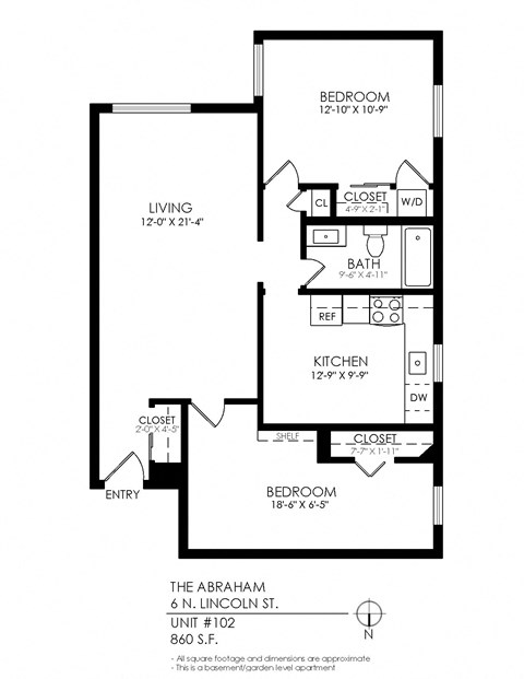 Floor plan for 2 beds, 1 bath, 947 sqft